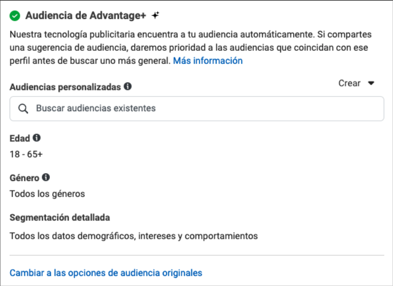 Sugerencia de audiencia Advantage + Facebook Ads