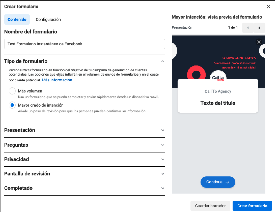 Crear nuevos formularios instantáneos de Facebook