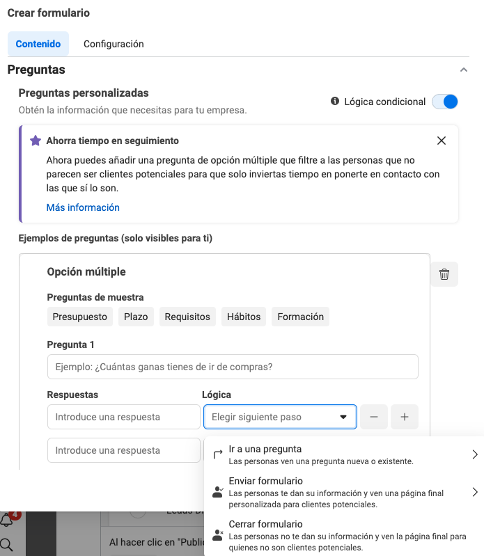 logica condicional en formularios instantáneos de facebook.