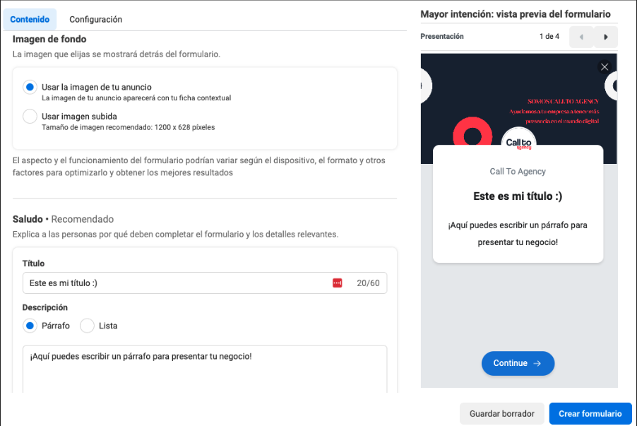 Imagen y saludo de formularios instantáneos de Facebook