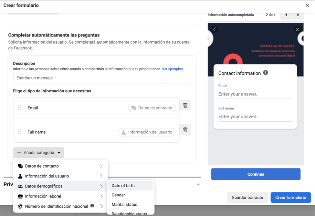 Datos de usuario en formaularios instantáneos de Facebook