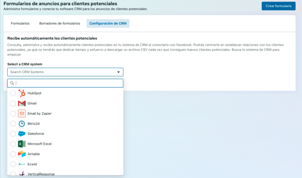 Integración de los formularios instantáneos de Facebook con CRM